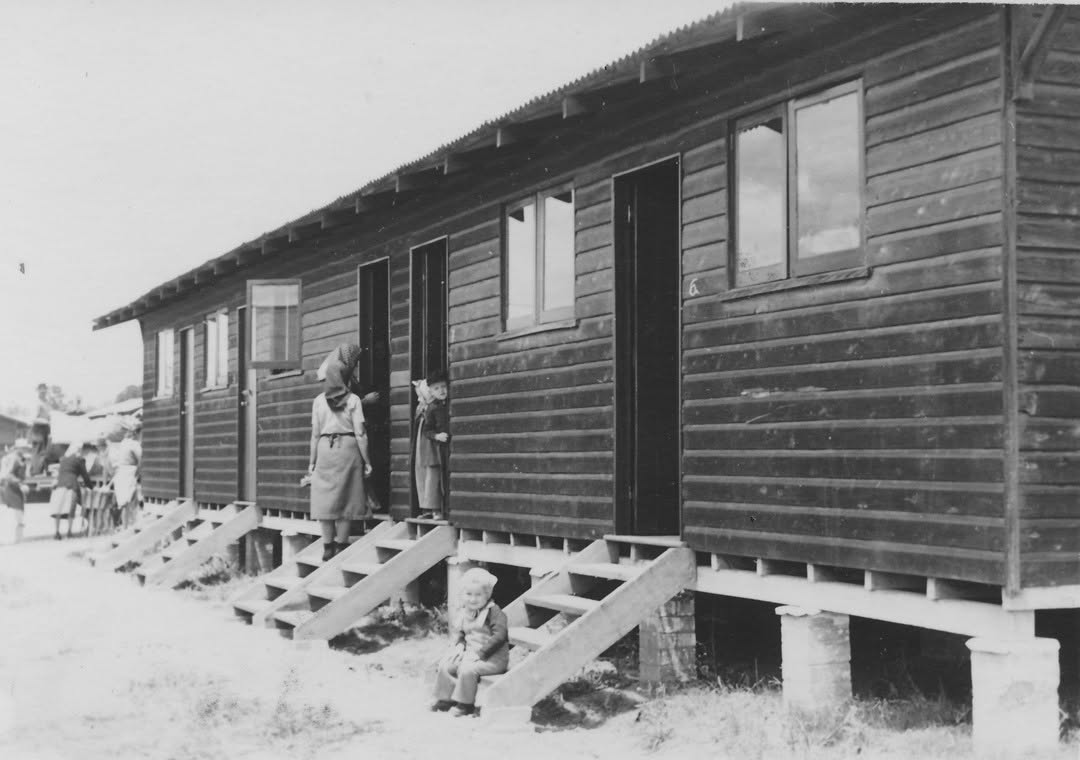 Greta Migrant Camp, historic aerial view of the camp buildings